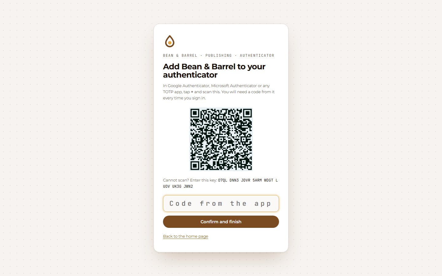 Authenticator enrolment screen with a QR code